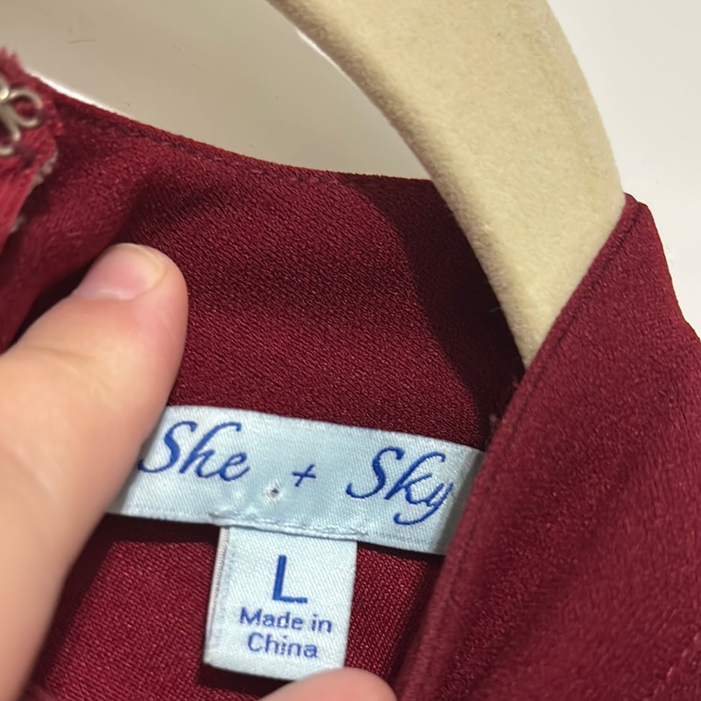She + Sky Burgundy Ruffle-Trim Mini Dress - Picture 2 of 4